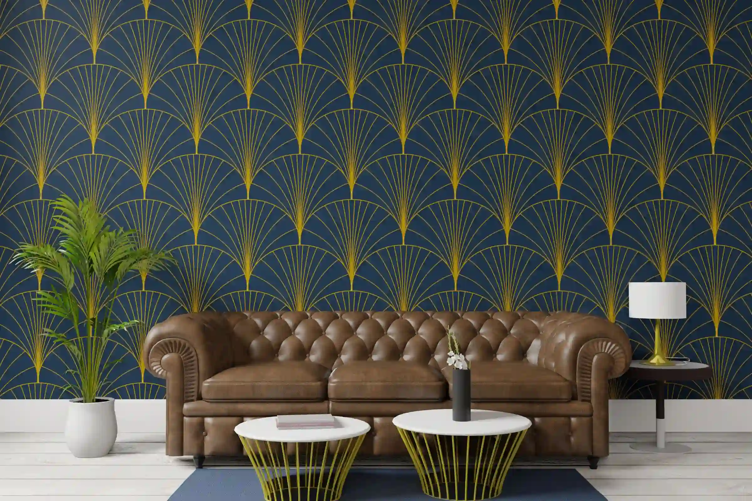 A living room with a deep green patterned wallpaper wall behind a sofa