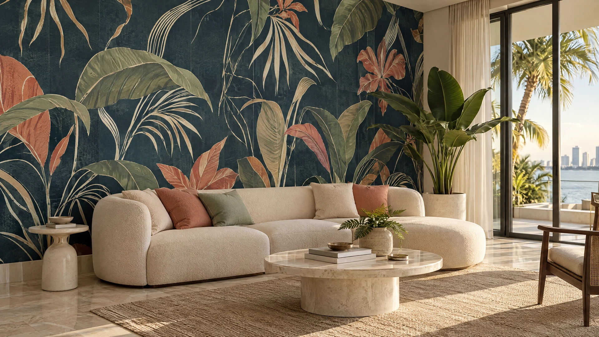 A contemporary living room with a deep blue tropical-patterned wallpaper wall
