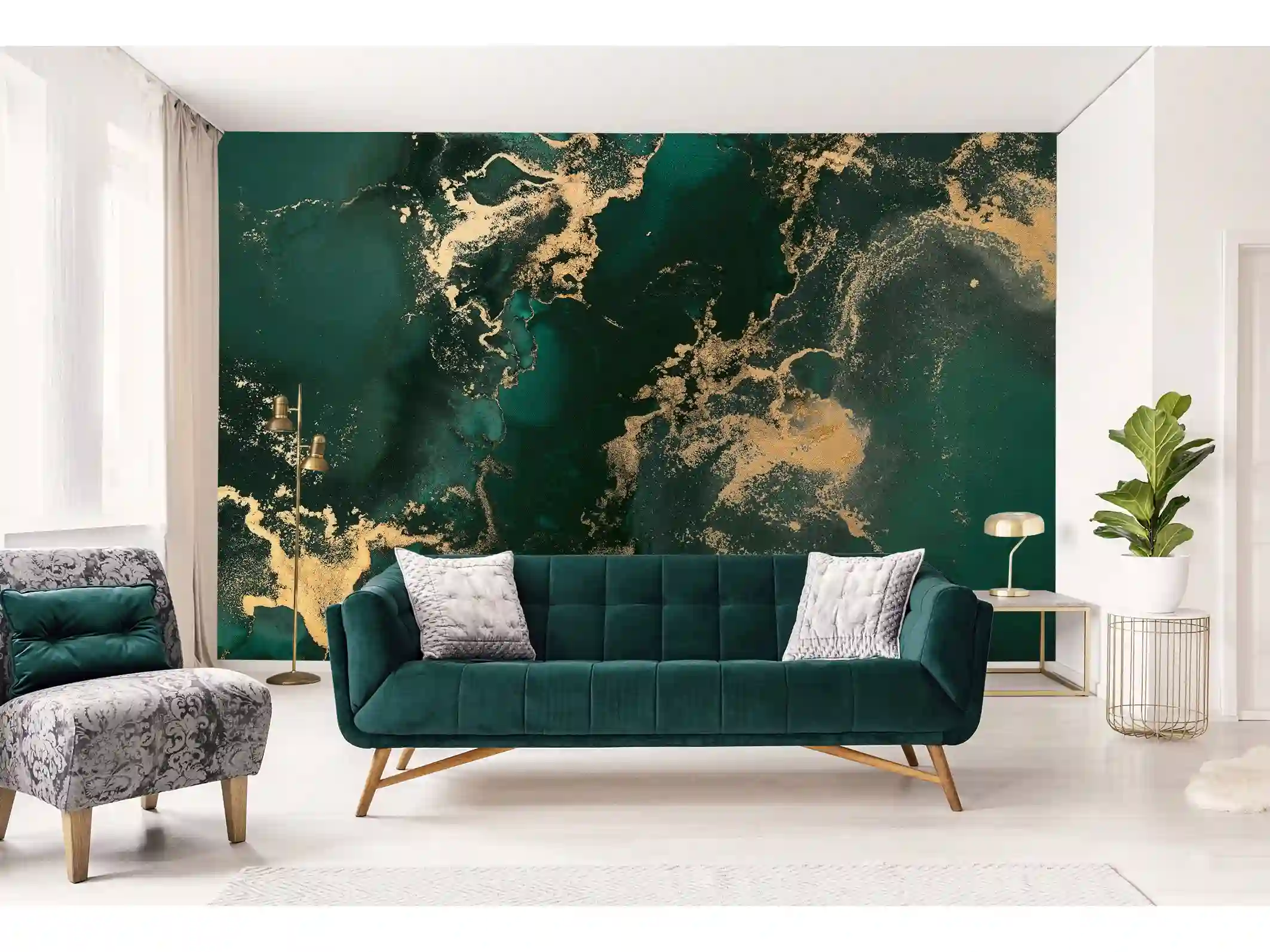 A living room with a teal botanical wallpaper feature wall