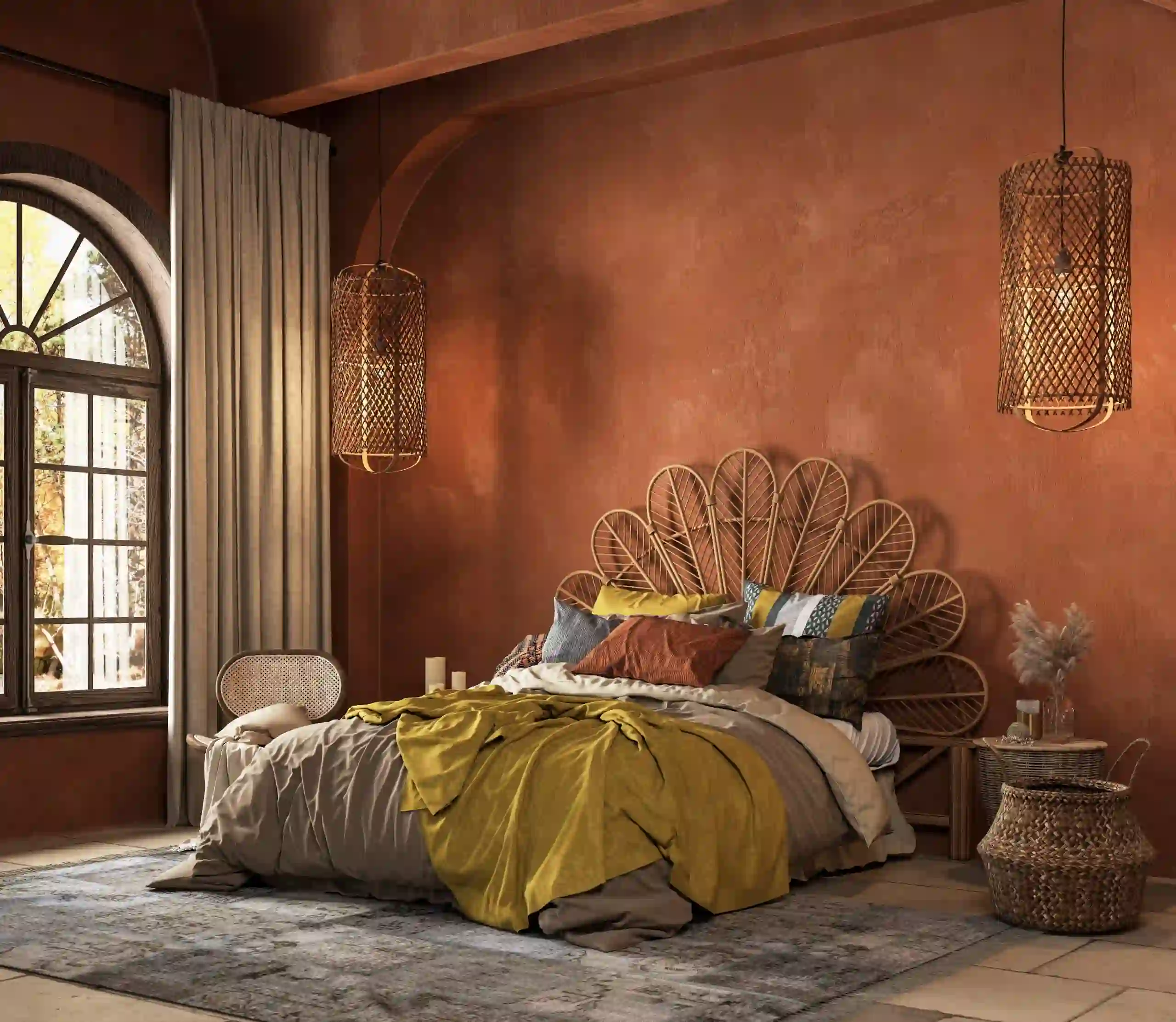 A warmly lit bedroom with a patterned wallpaper accent wall